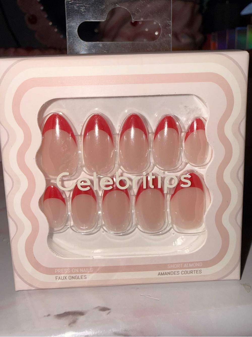 Celebritips “candy cane glaze” Short Almond Press-On Nails in Red French Tip